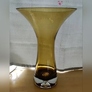 Vtg Krosno Poland Amber Green 11" Hand Blown Glass Fluted Vase w/ Bubble Base